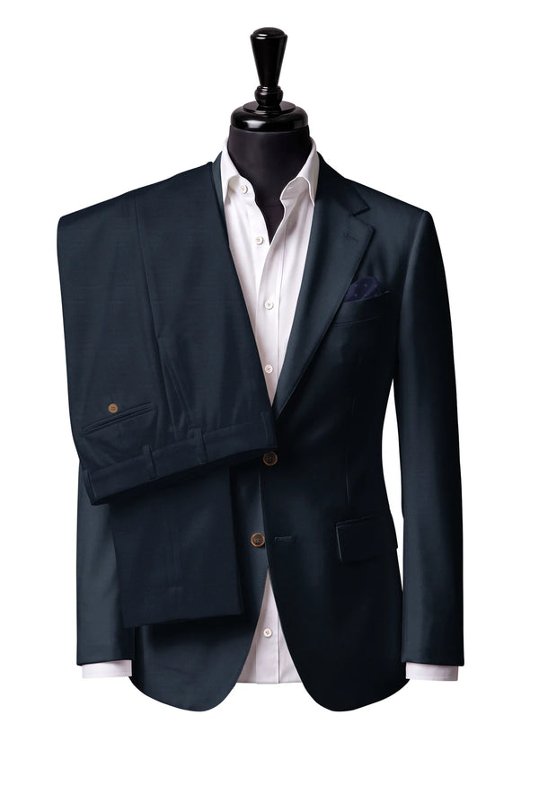 Two-button notch-lapel jacket with straight flap pockets. Trousers with belt loops.