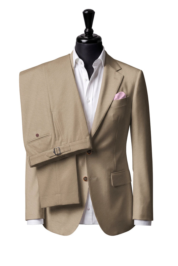 Two-button notch-lapel jacket with straight flap pockets. Trousers with side adjusters.