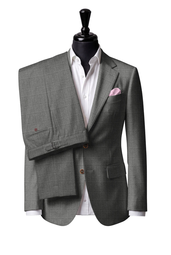Two-button notch-lapel jacket with straight flap pockets. Trousers with side adjusters.