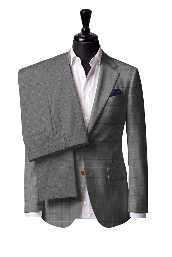 Two-button notch-lapel jacket with straight flap pockets. Trousers with belt loops.