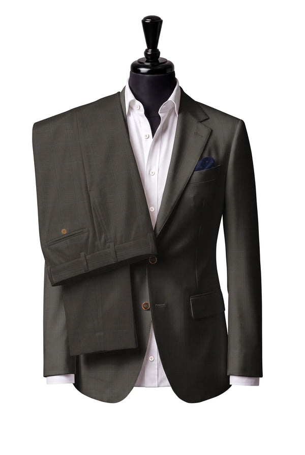 Two-button notch-lapel jacket with straight flap pockets. Trousers with belt loops.