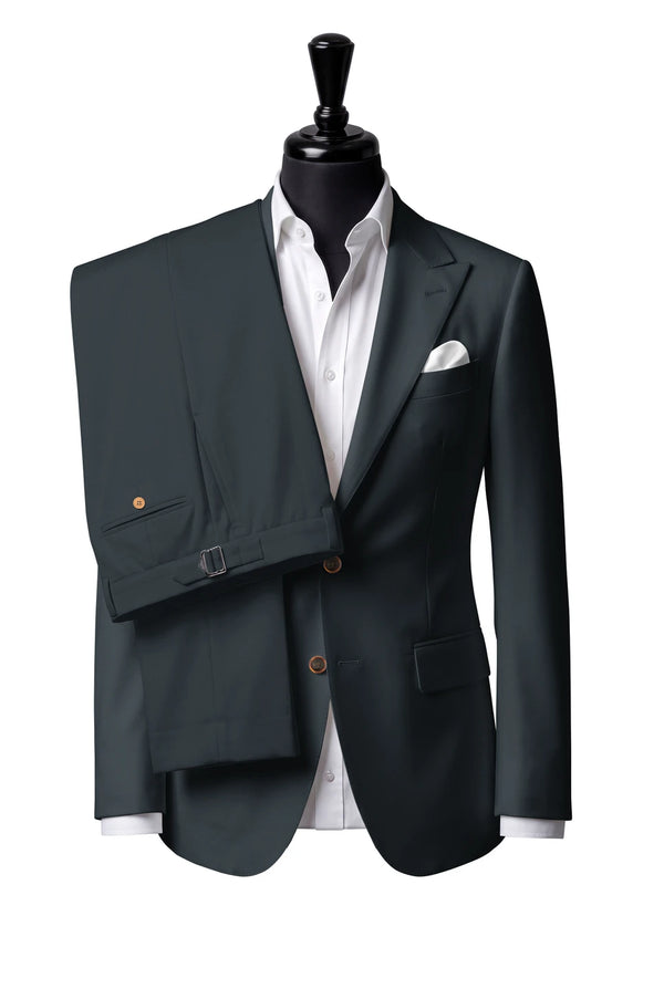 Two-button peak-lapel jacket with straight flap pockets. Trousers with side adjusters.