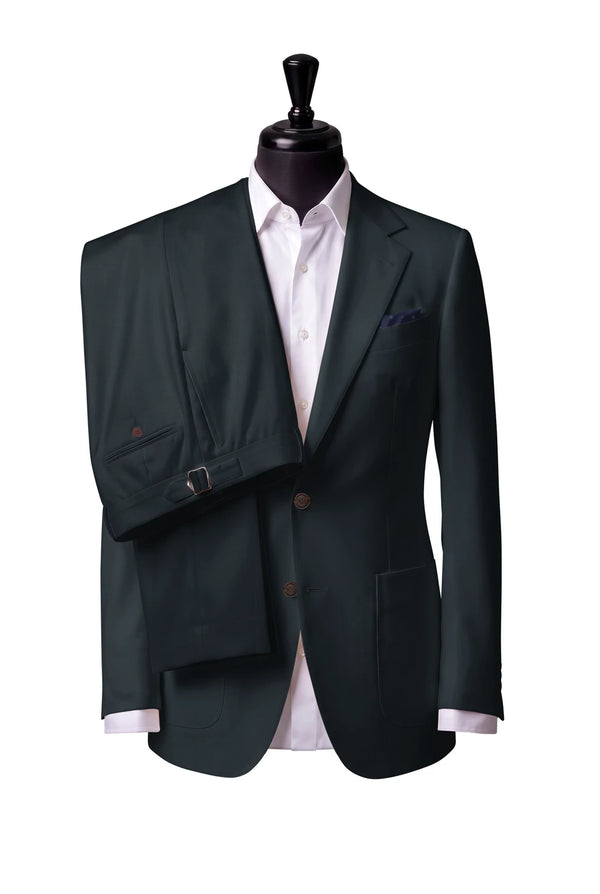 Two-button notch-lapel jacket with patch pockets. Trousers with side adjusters.