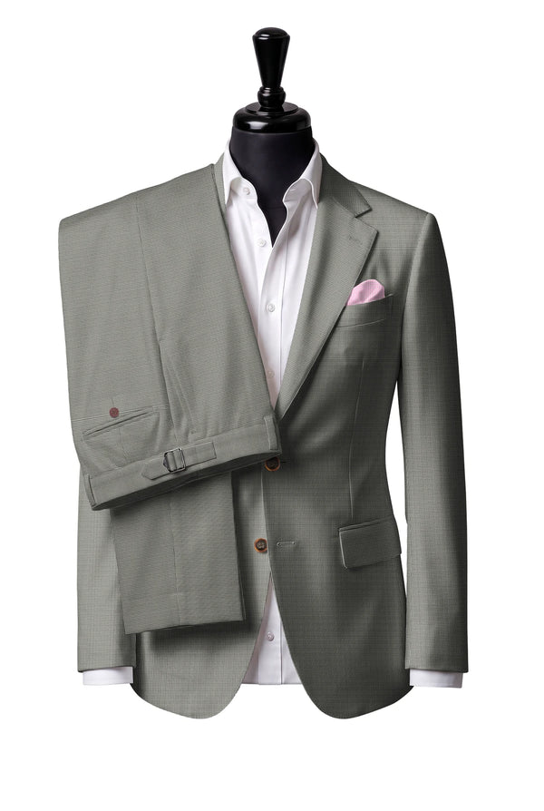 Two-button notch-lapel jacket with straight flap pockets. Trousers with side adjusters.