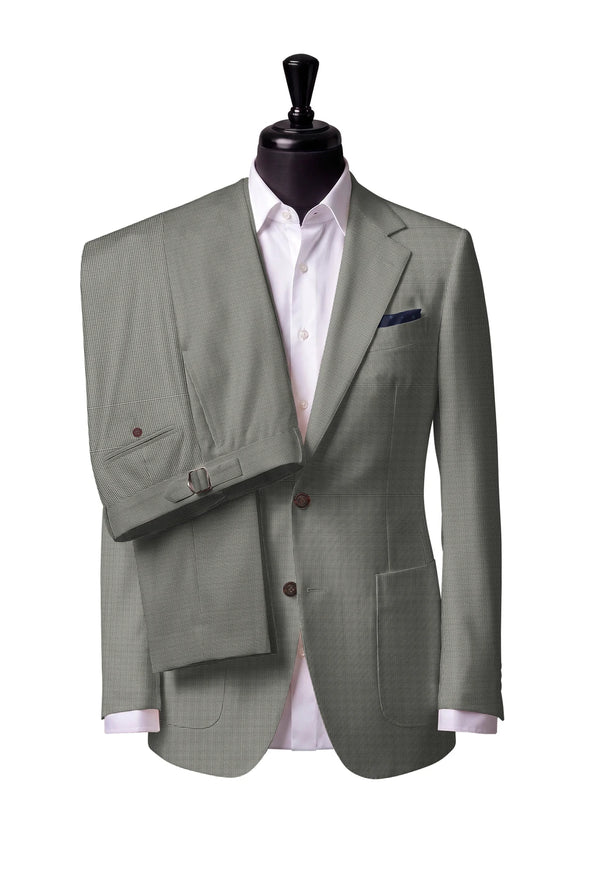 Two-button notch-lapel jacket with patch pockets. Trousers with side adjusters.