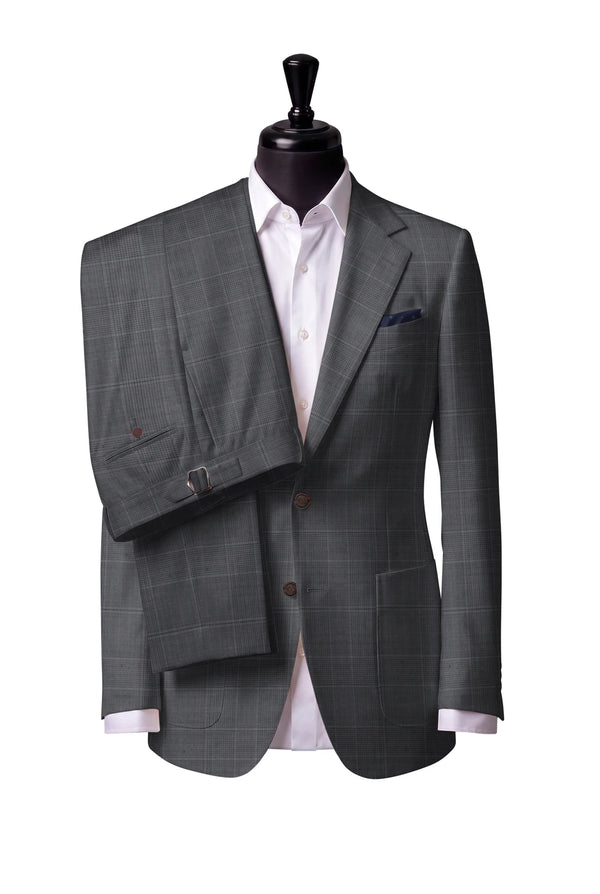 Two-button notch-lapel jacket with patch pockets. Trousers with side adjusters.