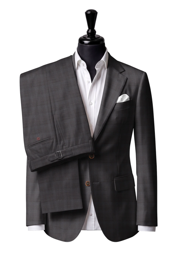 Two-button notch-lapel jacket with straight flap pockets. Trousers with side adjusters.