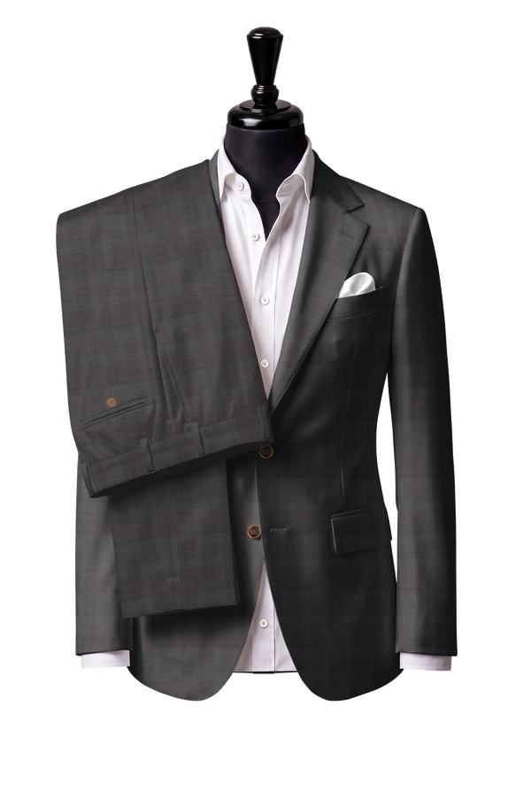 Two-button notch-lapel jacket with straight flap pockets. Trousers with belt loops.