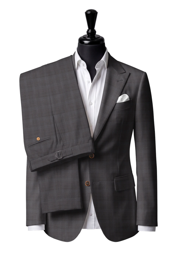Two-button peak-lapel jacket with straight flap pockets. Trousers with side adjusters.