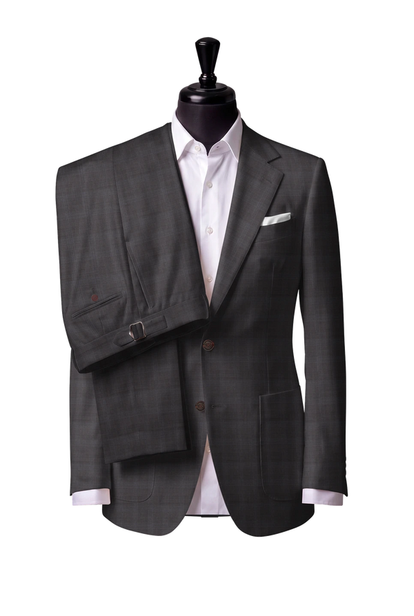 Two-button notch-lapel jacket with patch pockets. Trousers with side adjusters.
