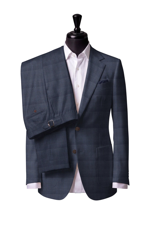 Two-button notch-lapel jacket with patch pockets. Trousers with side adjusters.
