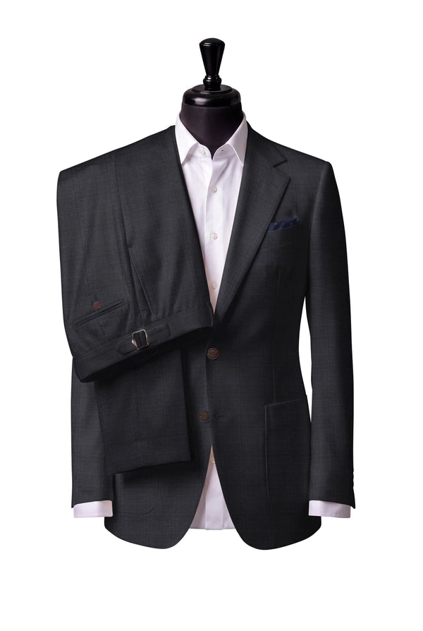 Two-button notch-lapel jacket with patch pockets. Trousers with side adjusters.