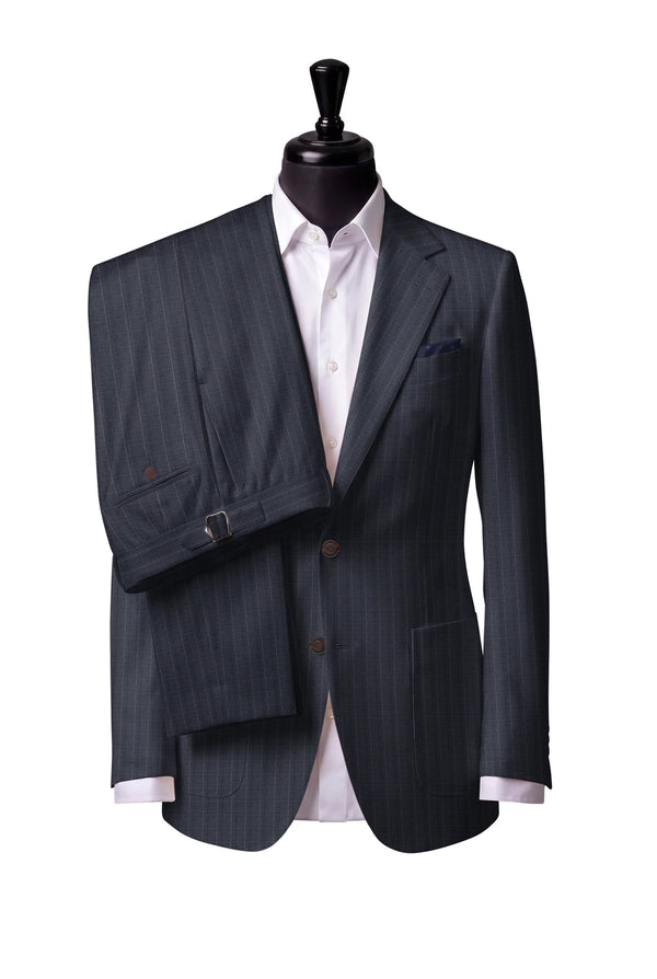 Two-button notch-lapel jacket with patch pockets. Trousers with side adjusters.