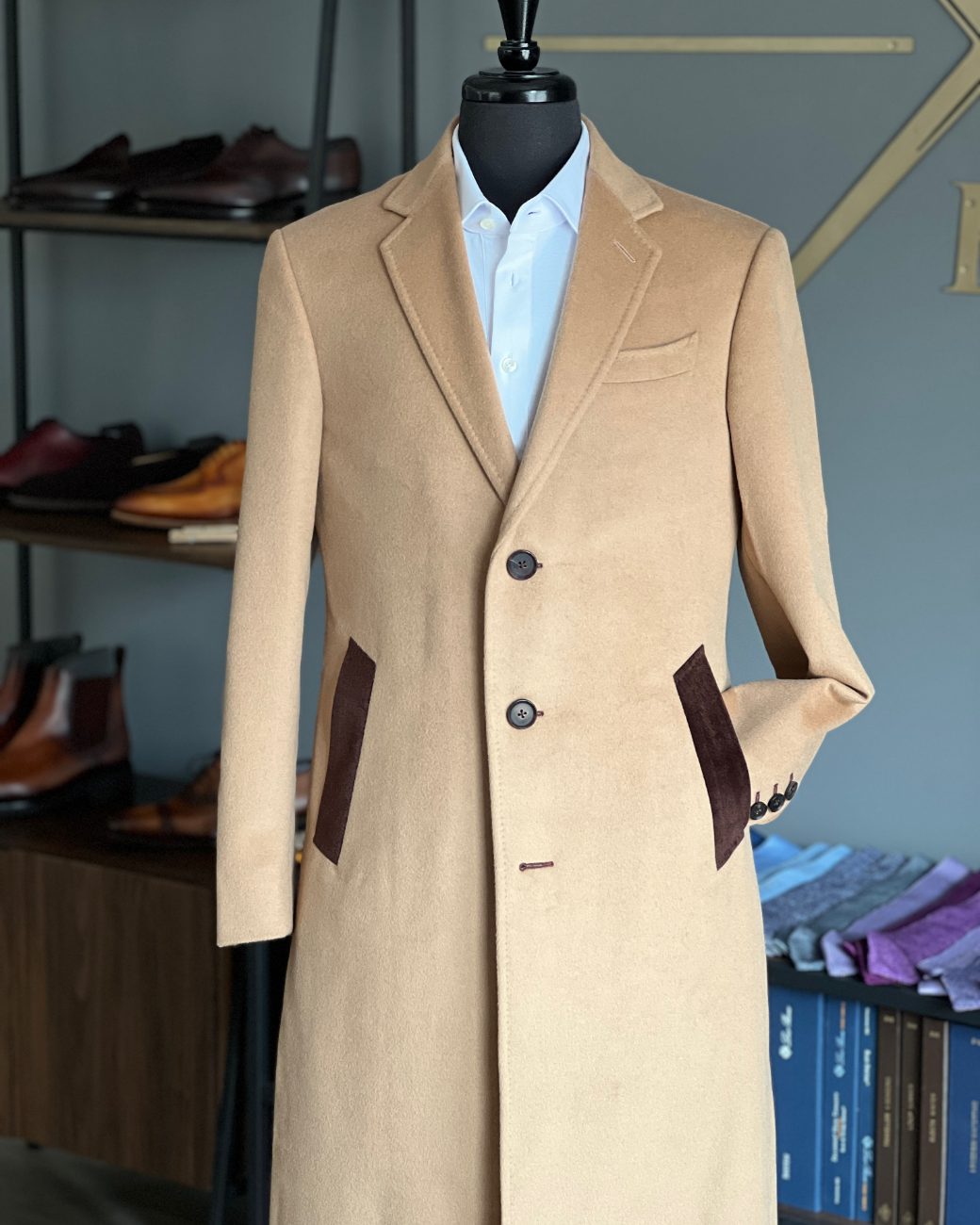 A bespoke camel topcoat on the form