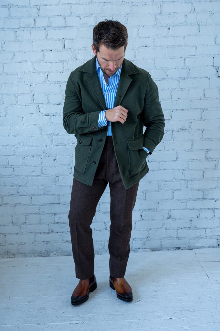 A finished Smith Bespoke field jacket and trousers, worn